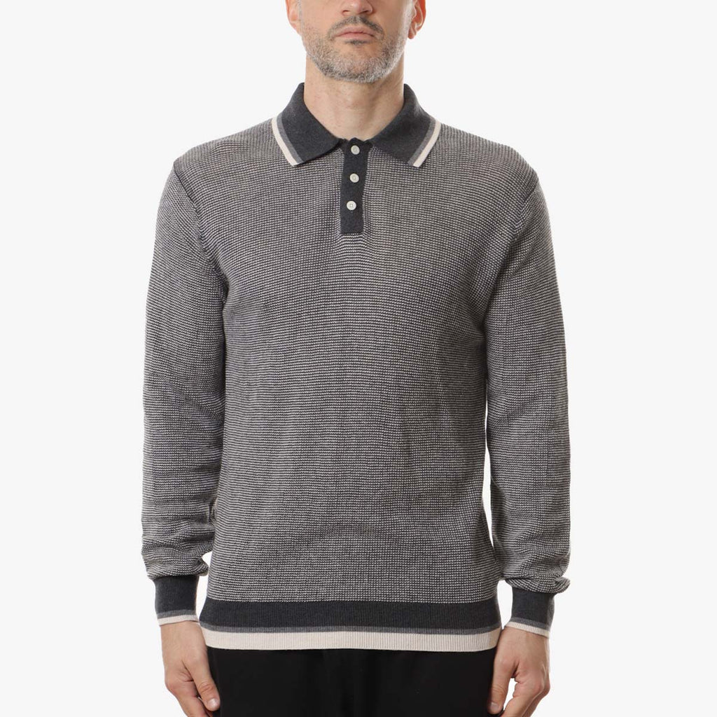 Beams Plus Collar Line Knit Polo Shirt, Charcoal, Detail Shot 1