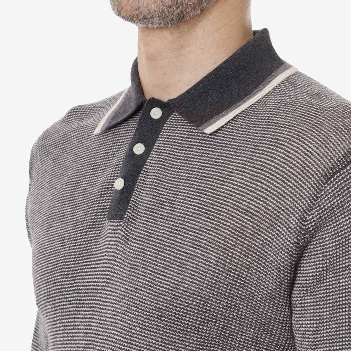Beams Plus Collar Line Knit Polo Shirt, Charcoal, Detail Shot 2