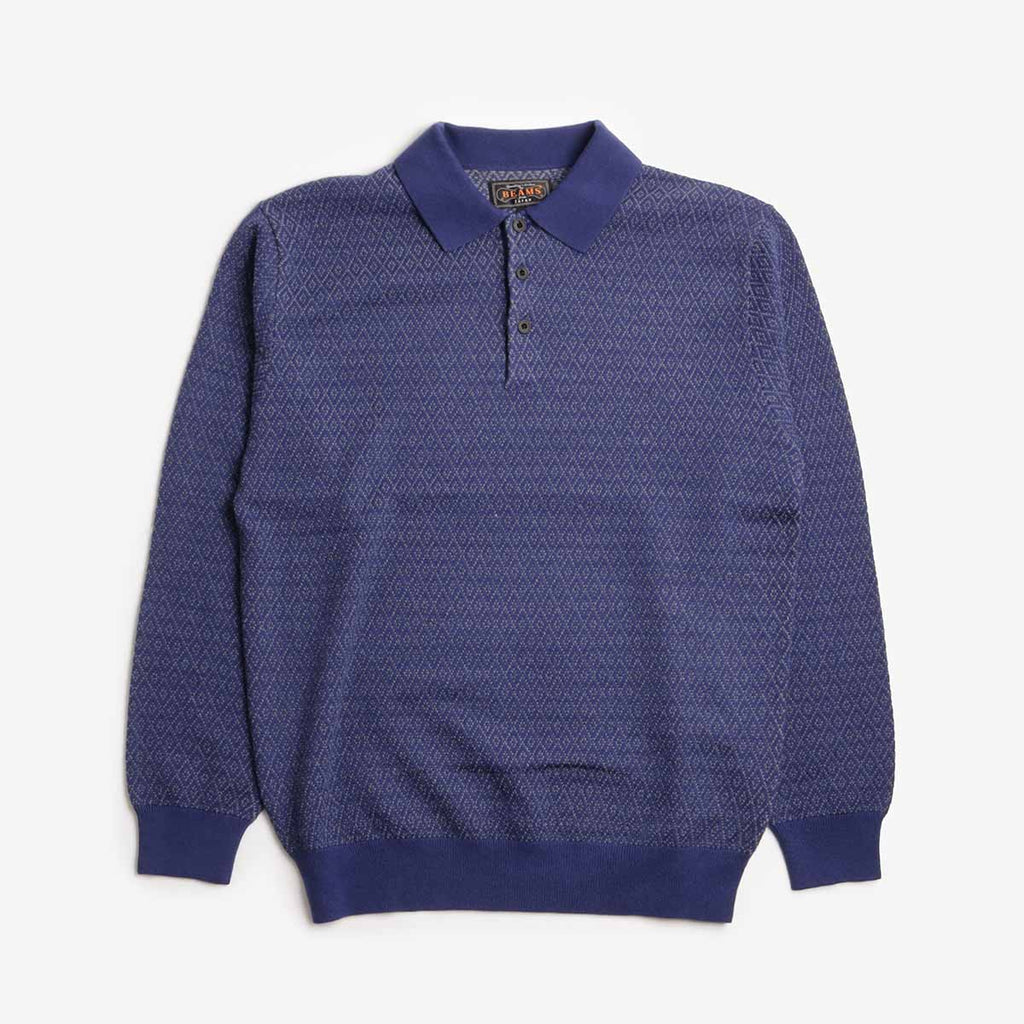 Beams Plus Diamond Pattern Knit Polo Shirt, Blue, Detail Shot 1