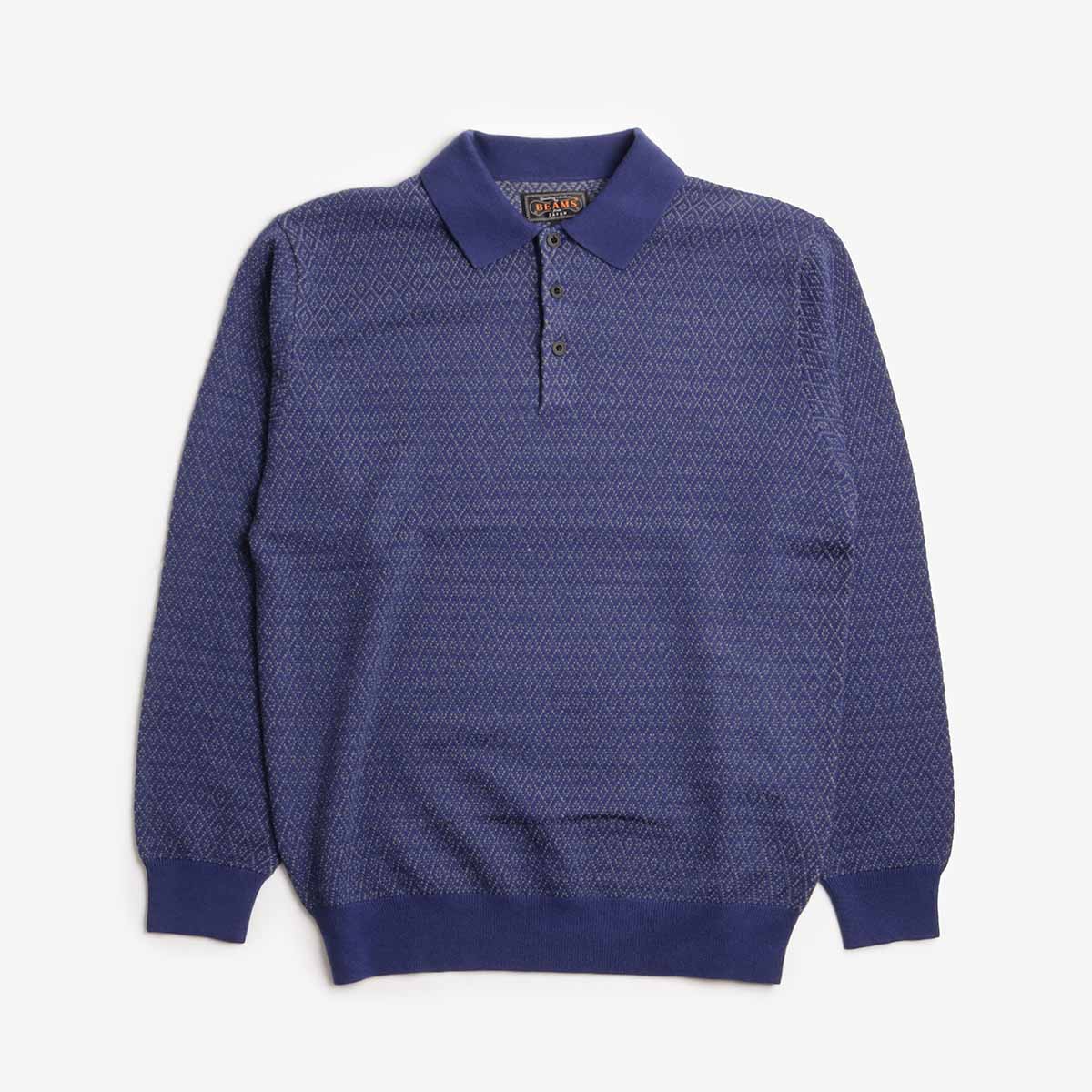 Beams Plus Diamond Pattern Knit Polo Shirt, Blue, Detail Shot 1