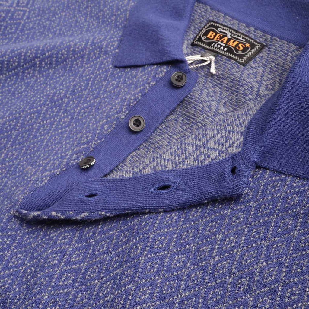 Beams Plus Diamond Pattern Knit Polo Shirt, Blue, Detail Shot 2