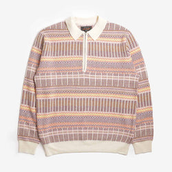 thumbnail Beams Plus Half Zip Jacquard Knit Polo Shirt, Off White, Detail Shot 1