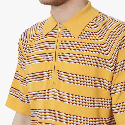 Beams Plus Half Zip Knit Polo Jaquard Shirt, Yellow, Detail Shot 2
