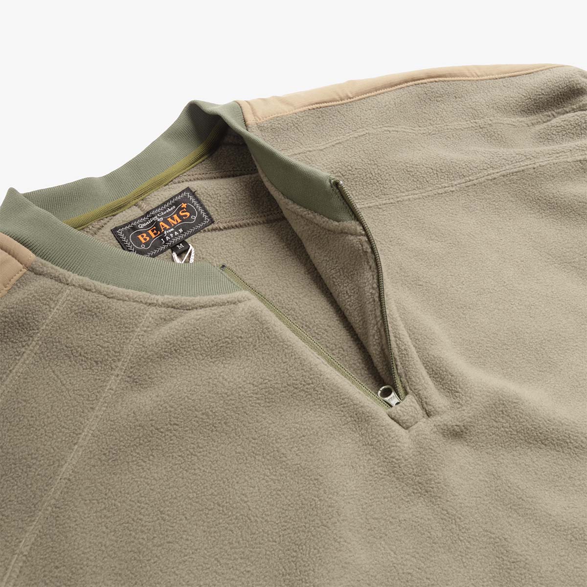 Beams Plus Military Athletic Half Zip Fleece Sweatshirt, Olive, Detail Shot 3