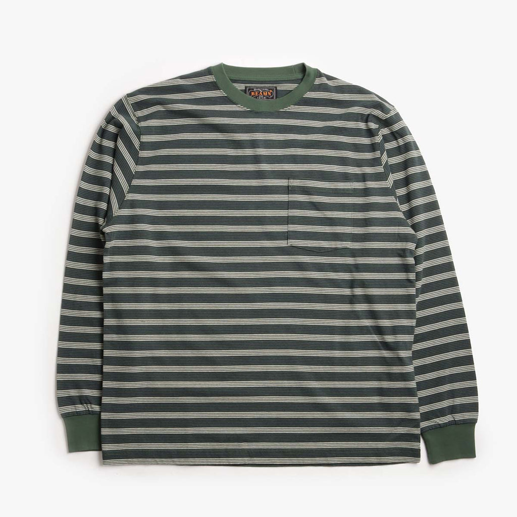 Beams Plus Pin Stripe Pocket T-Shirt, Green, Detail Shot 1