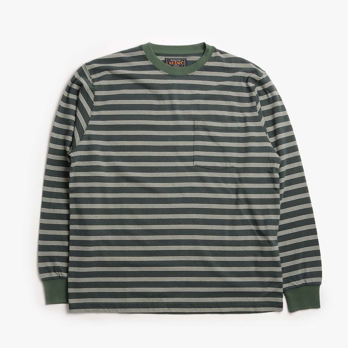 Beams Plus Pin Stripe Pocket T-Shirt, Green, Detail Shot 1