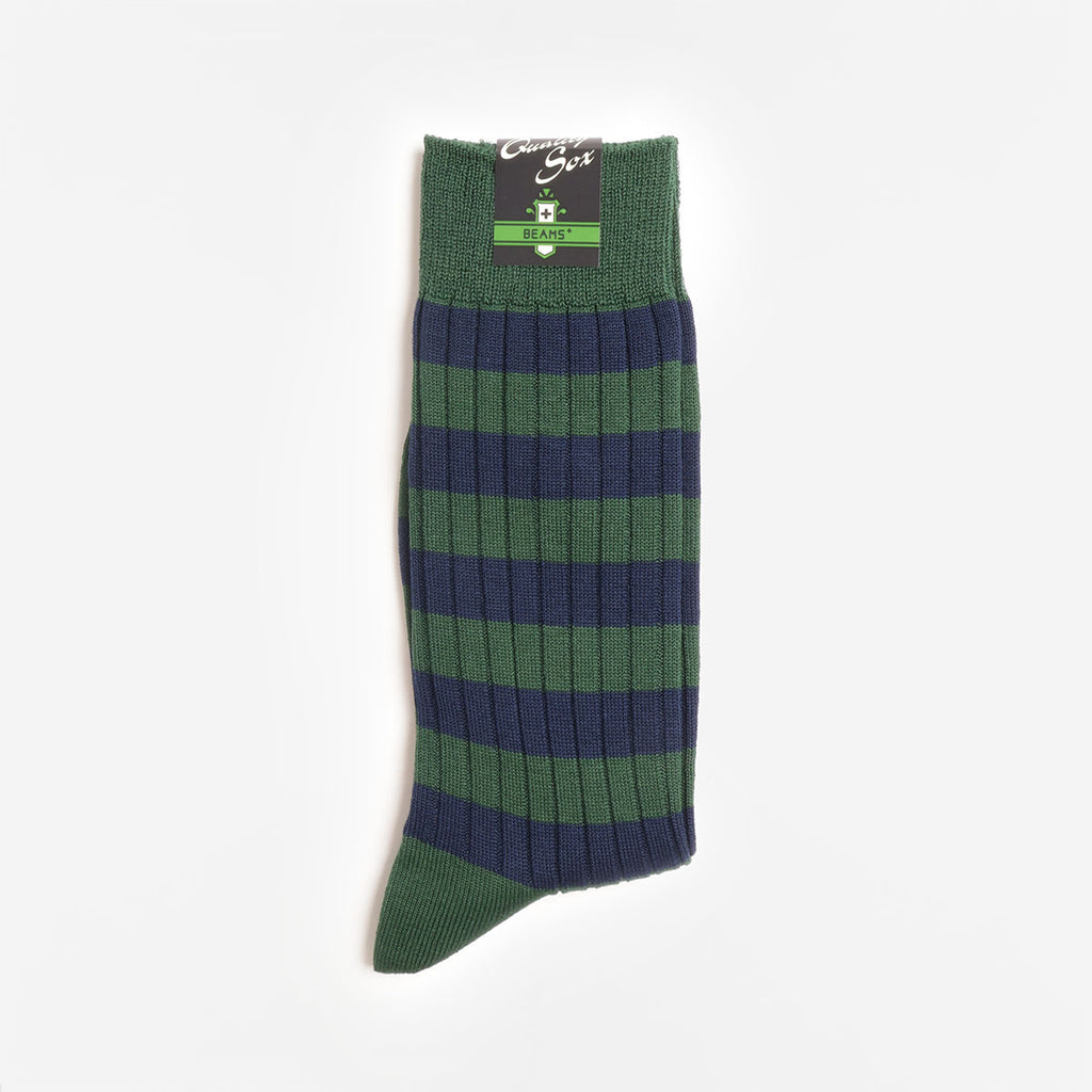 Beams Plus Rib Border Socks, Green Navy, Detail Shot 1
