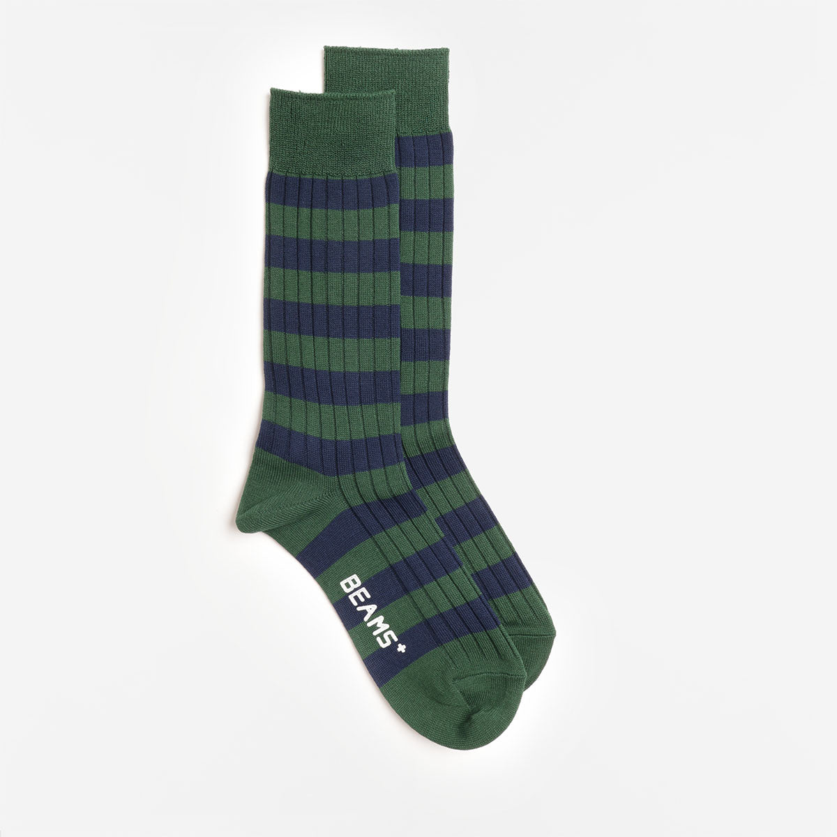 Beams Plus Rib Border Socks, Green Navy, Detail Shot 2