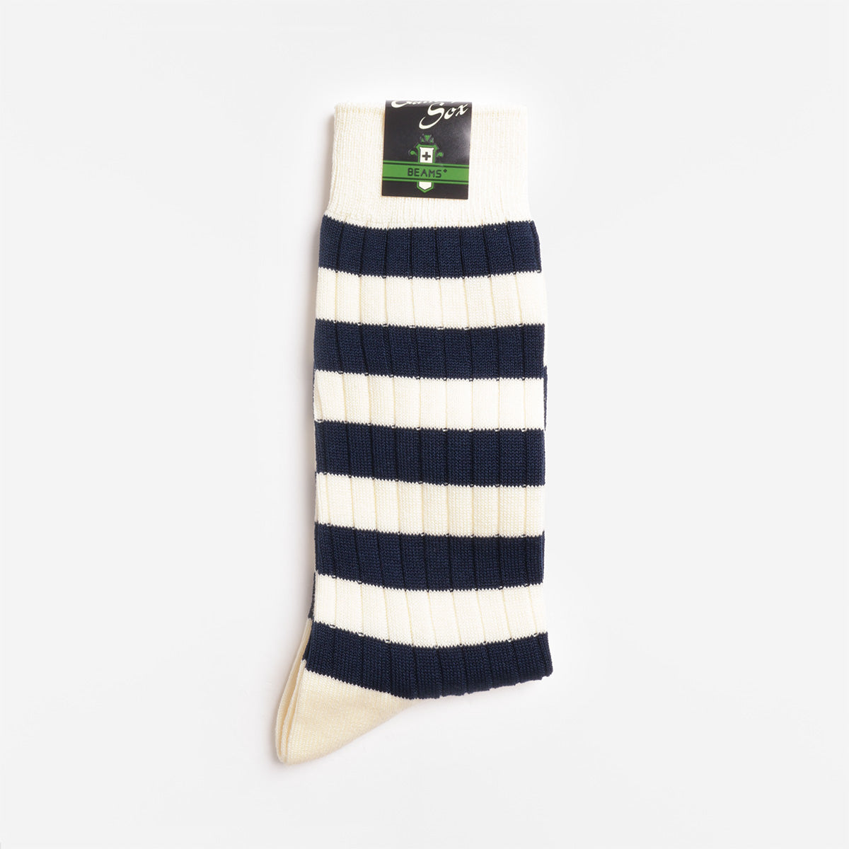 Beams Plus Rib Border Socks, White Navy, Detail Shot 1