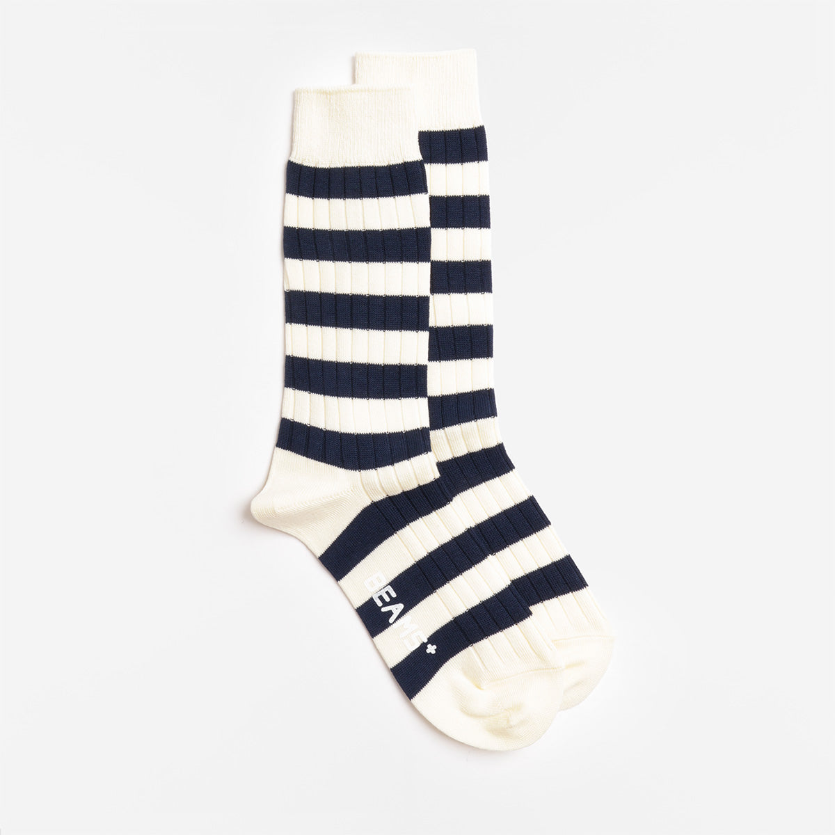 Beams Plus Rib Border Socks, White Navy, Detail Shot 2