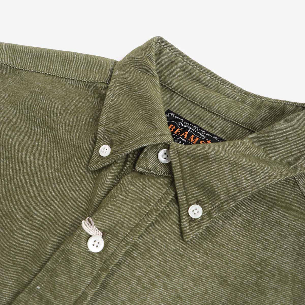 Beams Plus Button Down Solid Flannel Shirt, Olive, Detail Shot 2