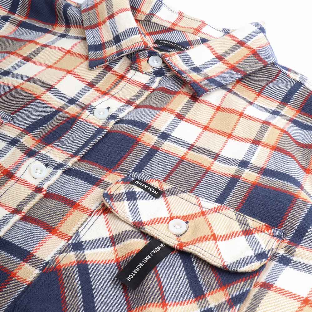 Brixton Bowery Flannel Shirt, Washed Navy Barn Red Off White, Detail Shot 2