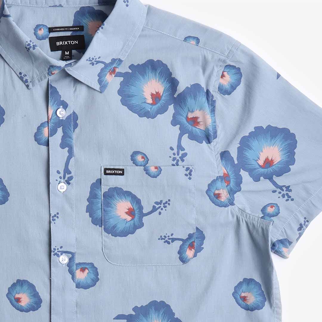 Brixton Charter Print Woven Shirt, Dusty Blue Pacific Blue Coral, Detail Shot 2