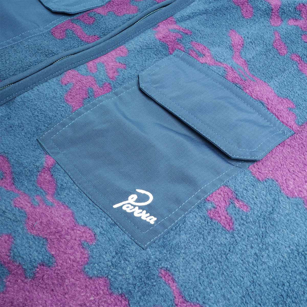 By Parra script on chest pocket, purple camo fleece