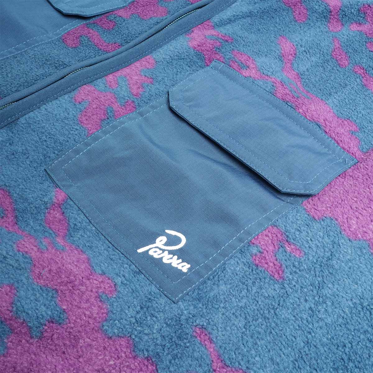By Parra script on chest pocket, purple camo fleece