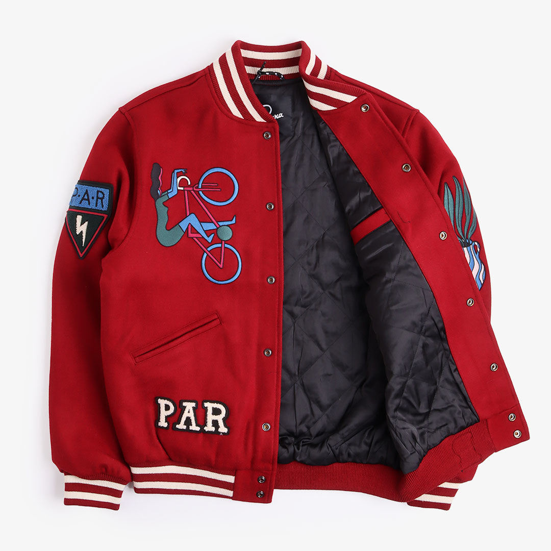 By Parra Run Sit & Bike Varsity Jacket, Dark Red, Detail Shot 2