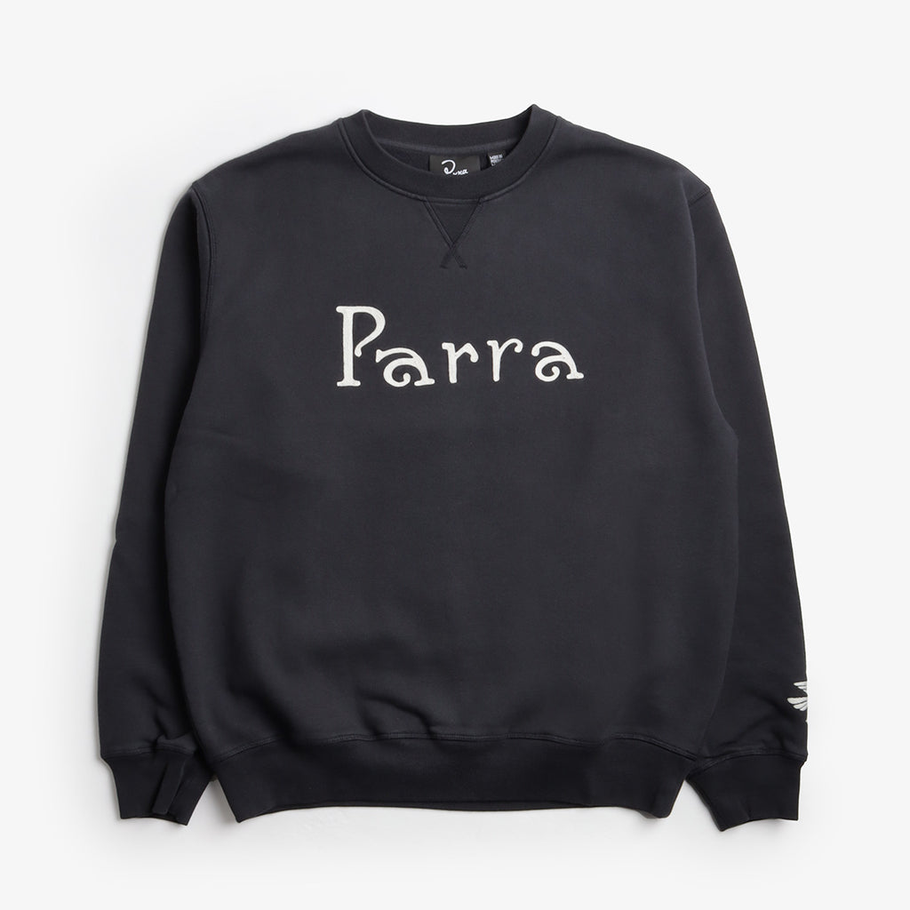 By Parra Weird Trad Logo Crew Neck Sweatshirt, Dark Navy, Detail Shot 1