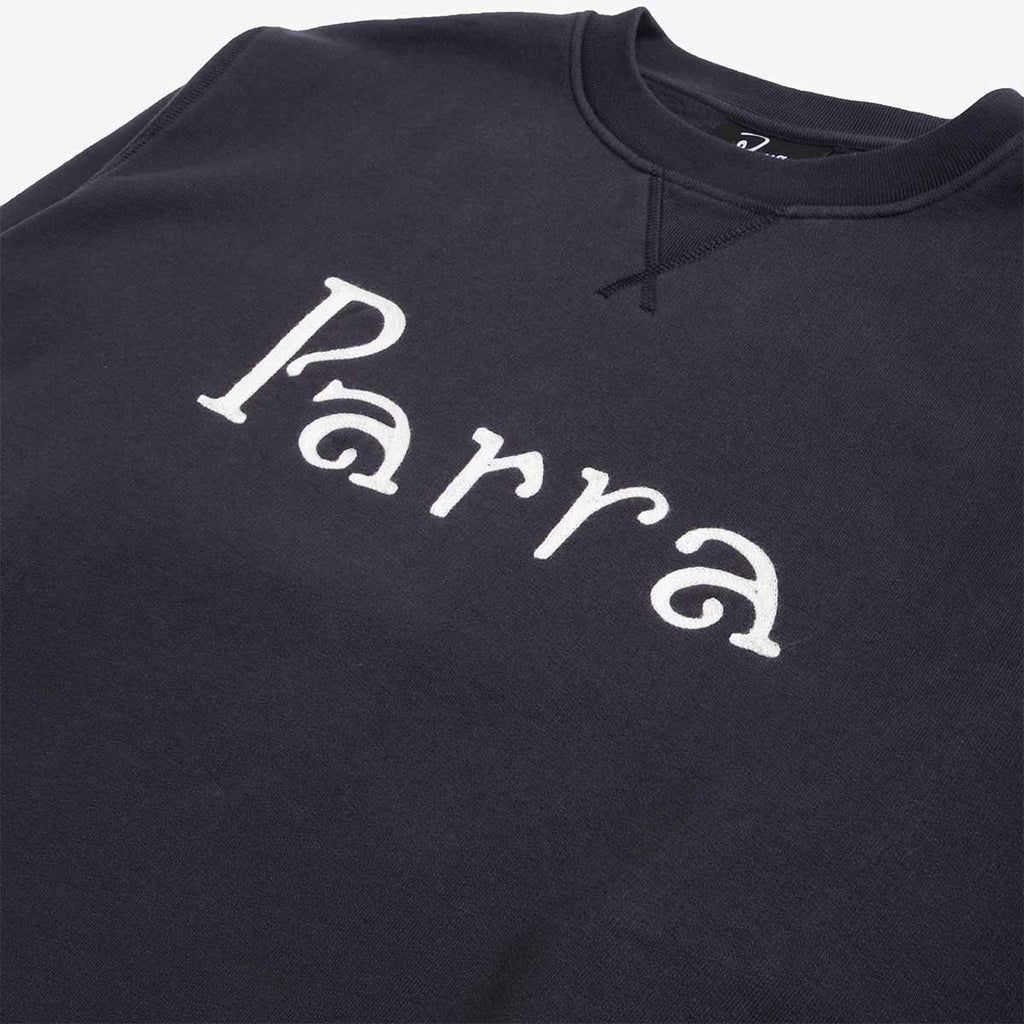 By Parra Weird Trad Logo Crew Neck Sweatshirt, Dark Navy, Detail Shot 2