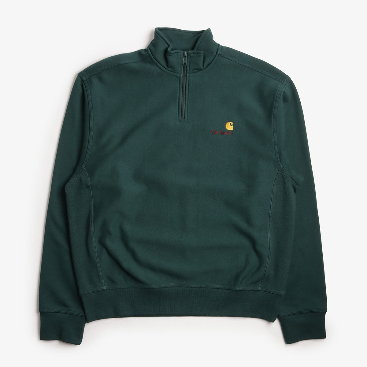 main Carhartt WIP American Script Half Zip Sweatshirt, Dark Fir, Detail Shot 1