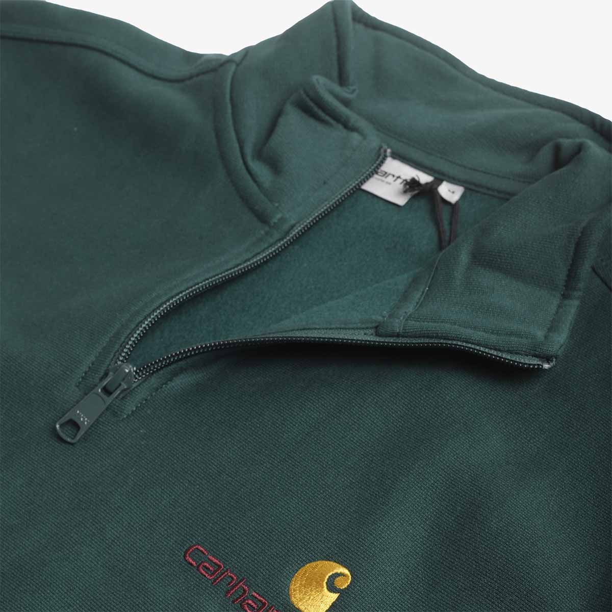 main Carhartt WIP American Script Half Zip Sweatshirt, Dark Fir, Detail Shot 4
