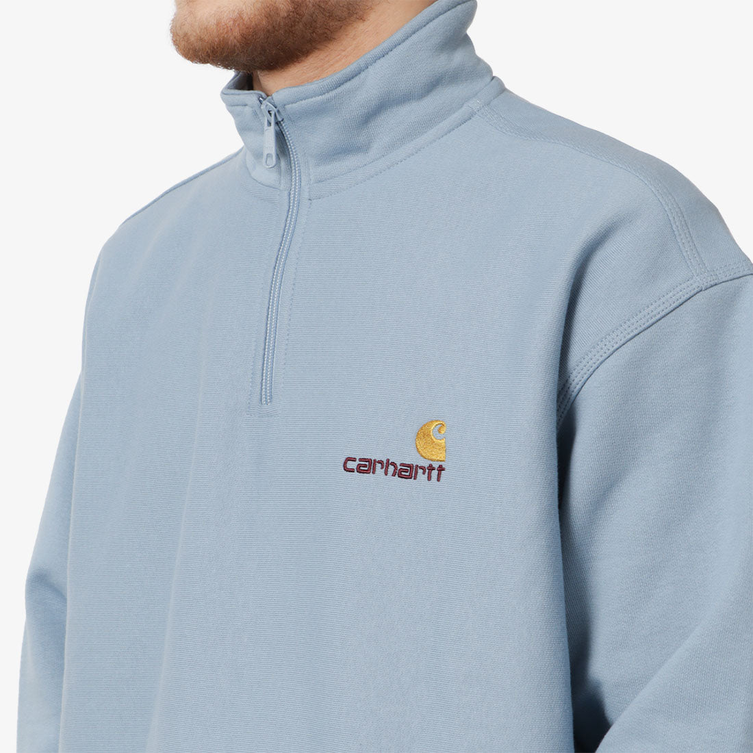 Carhartt WIP American Script Half Zip Sweatshirt, Frosted Blue, Detail Shot 2