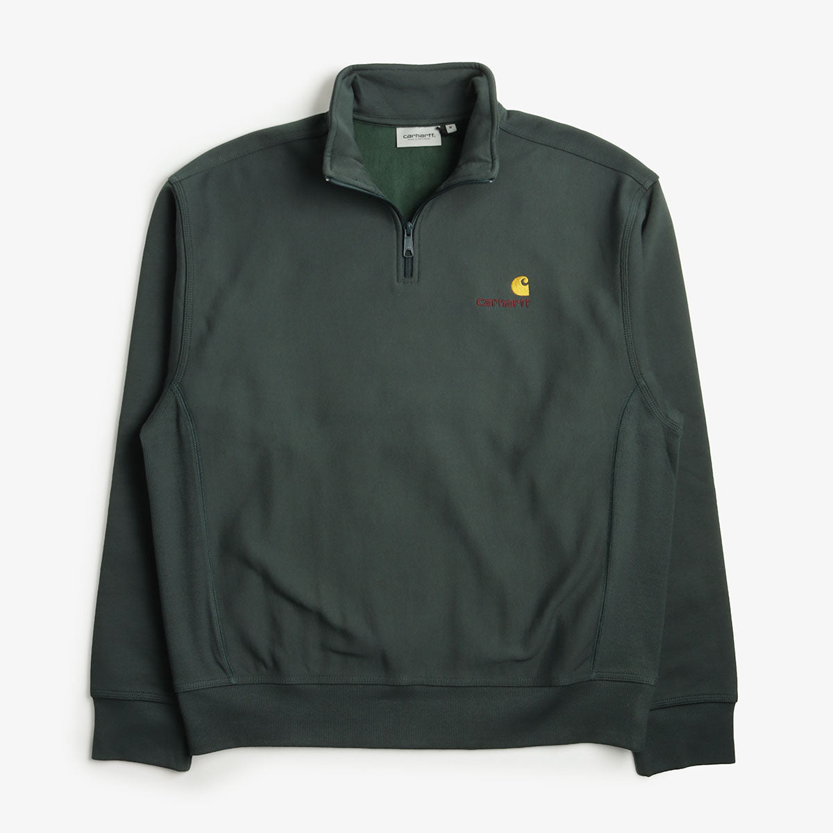 Carhartt WIP American Script Half Zip Sweatshirt, Kale Green, Detail Shot 1