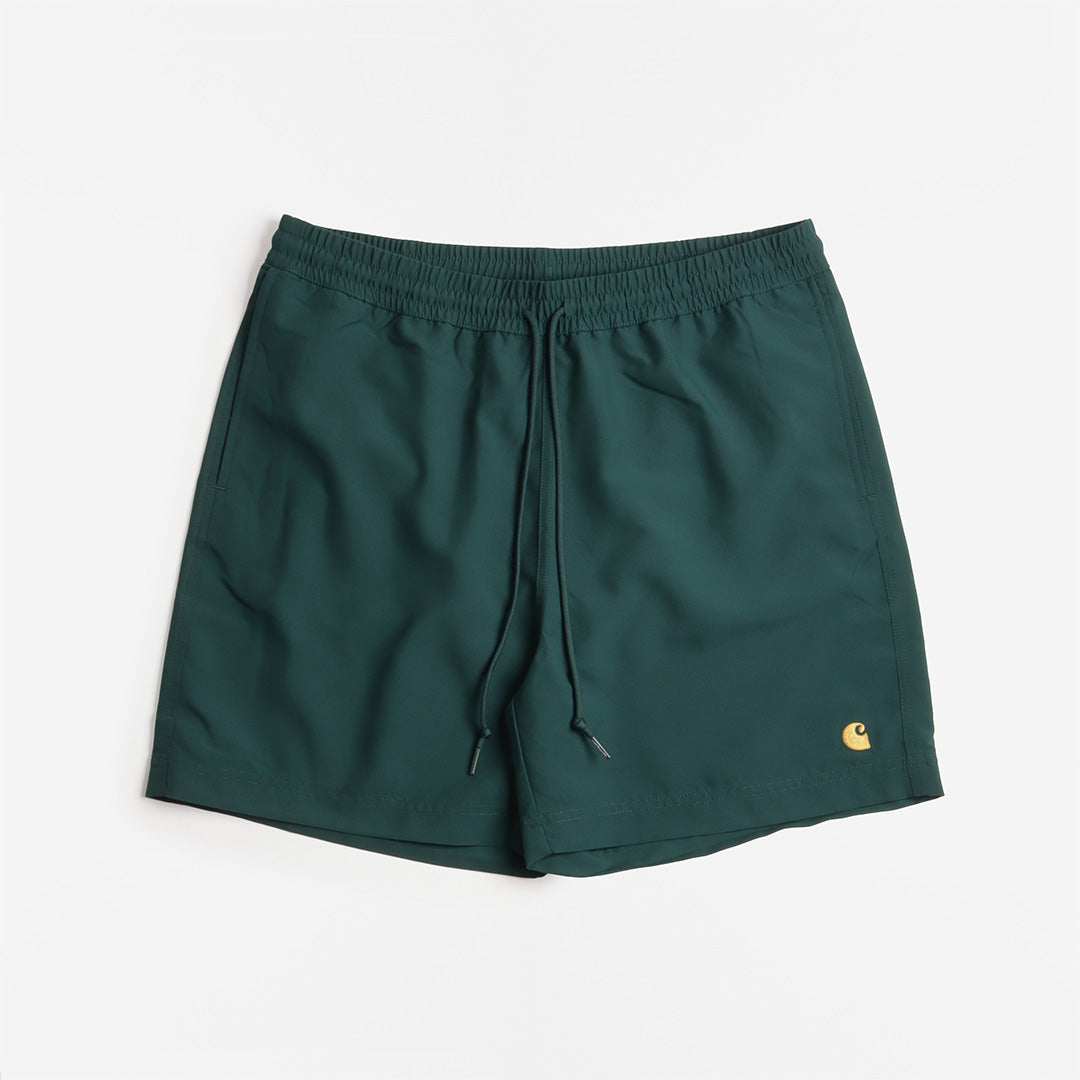 Carhartt WIP Chase Swim Shorts, Dark Fir Gold, Detail Shot 1