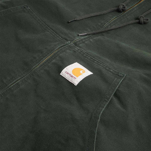 Chest logo label and hood drawcord, green canvas jacket