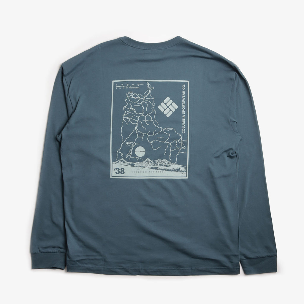 Columbia Black Butte Long Sleeve Graphic T-Shirt, Everblue Trailmap, Detail Shot 2