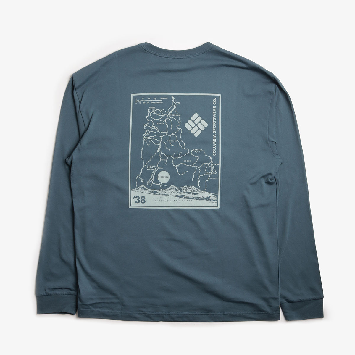 main Columbia Black Butte Long Sleeve Graphic T-Shirt, Everblue Trailmap, Detail Shot 2