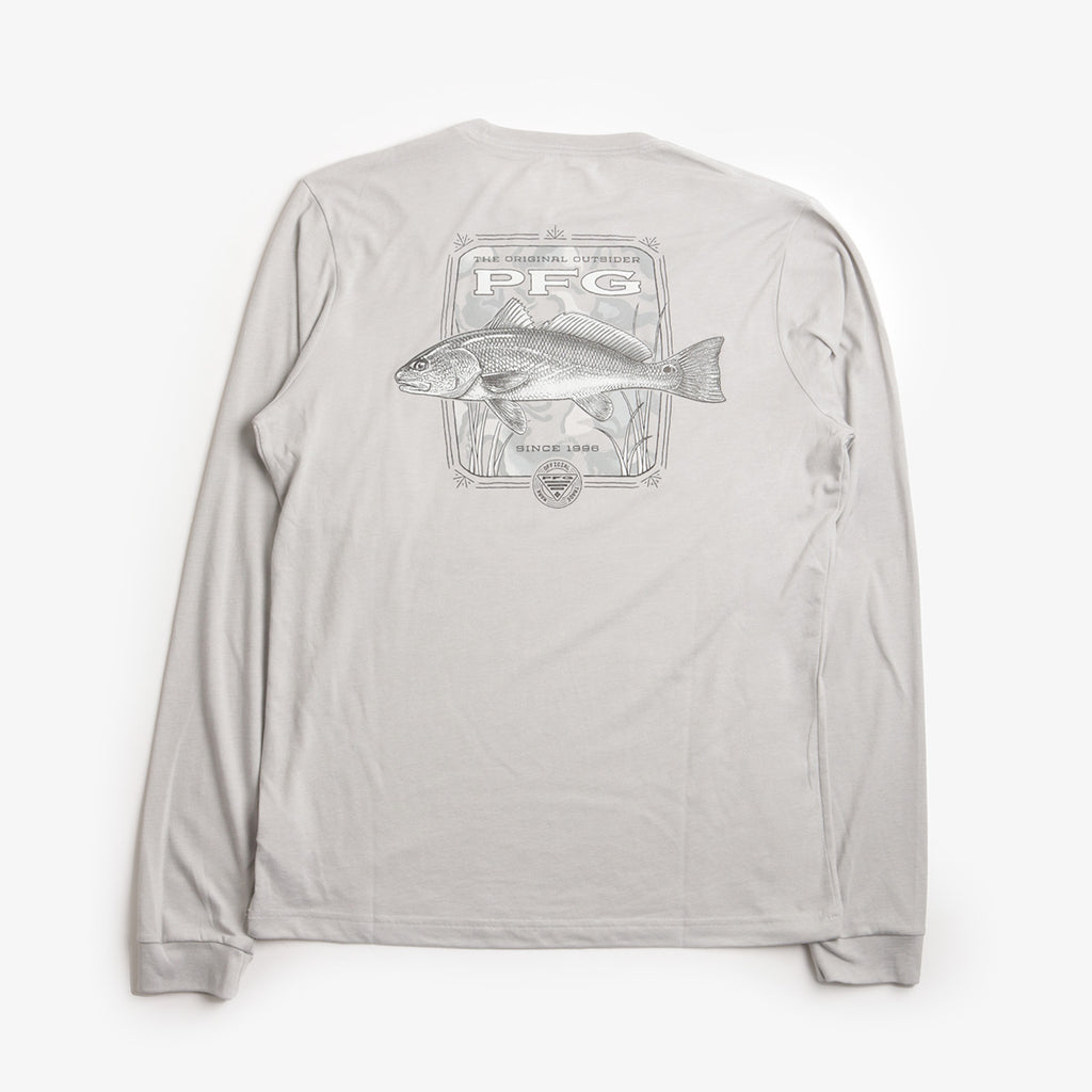 Columbia PFG Uncharted Graphic Long Sleeve T-Shirt, Cool Grey Heather Redfish, Detail Shot 2