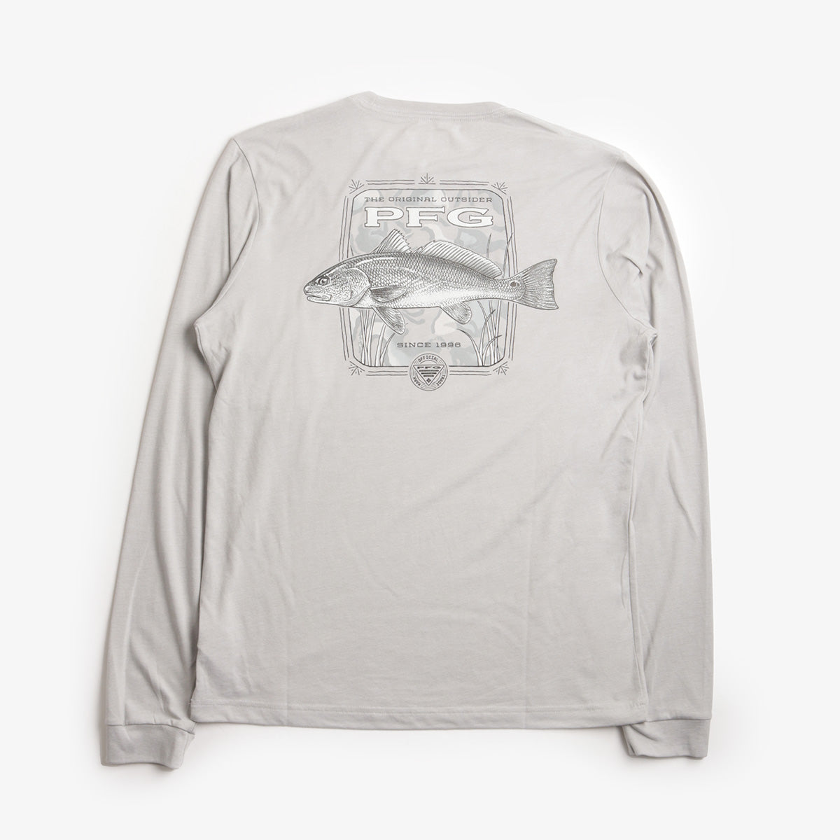 main Columbia PFG Uncharted Graphic Long Sleeve T-Shirt, Cool Grey Heather Redfish, Detail Shot 2
