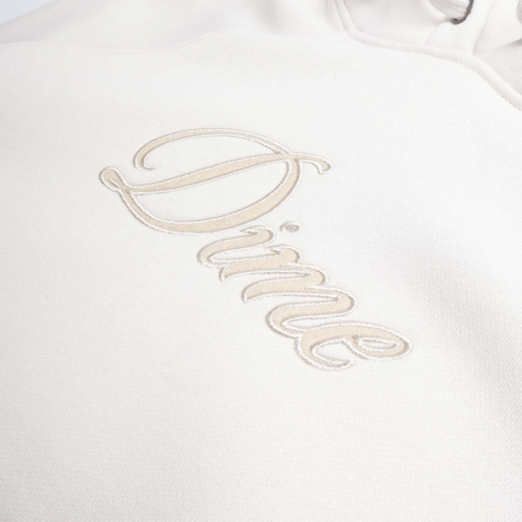 Embroidered Dime cursive logo on cream cotton hoodie