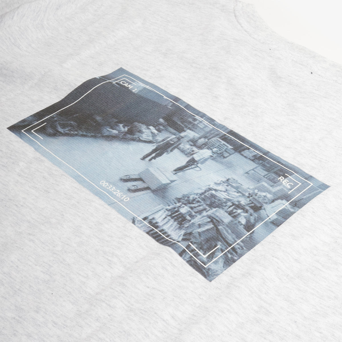 Cityscape photo print detail on ash grey cotton, Dime tee