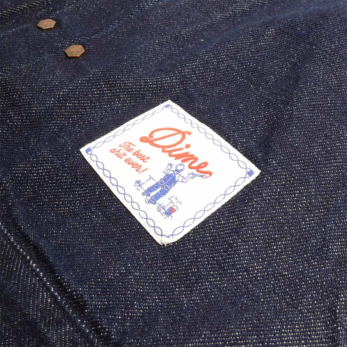 Dime paper patch on indigo denim, Pleated jacket