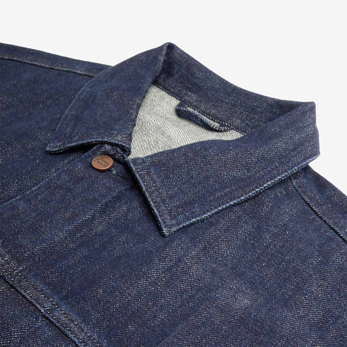 Collar and top button detail, Dime Pleated denim jacket