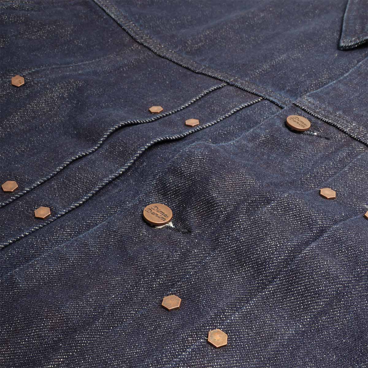 Copper buttons and pleated front, Dime denim jacket