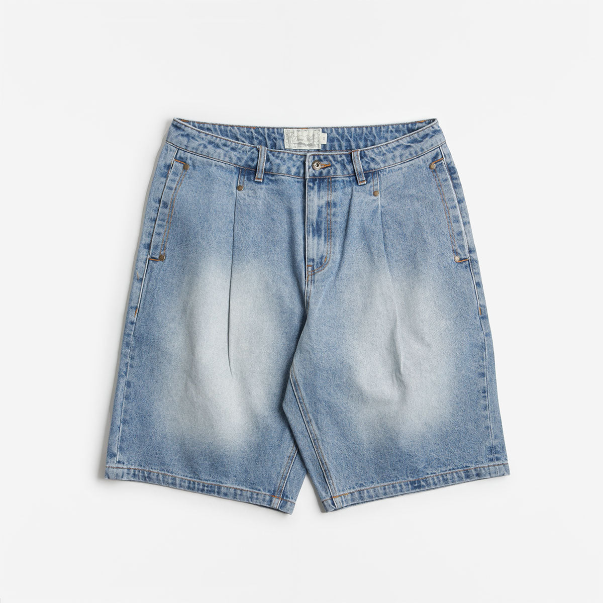Dime Pleated Denim Shorts, Blue Washed, Detail Shot 1