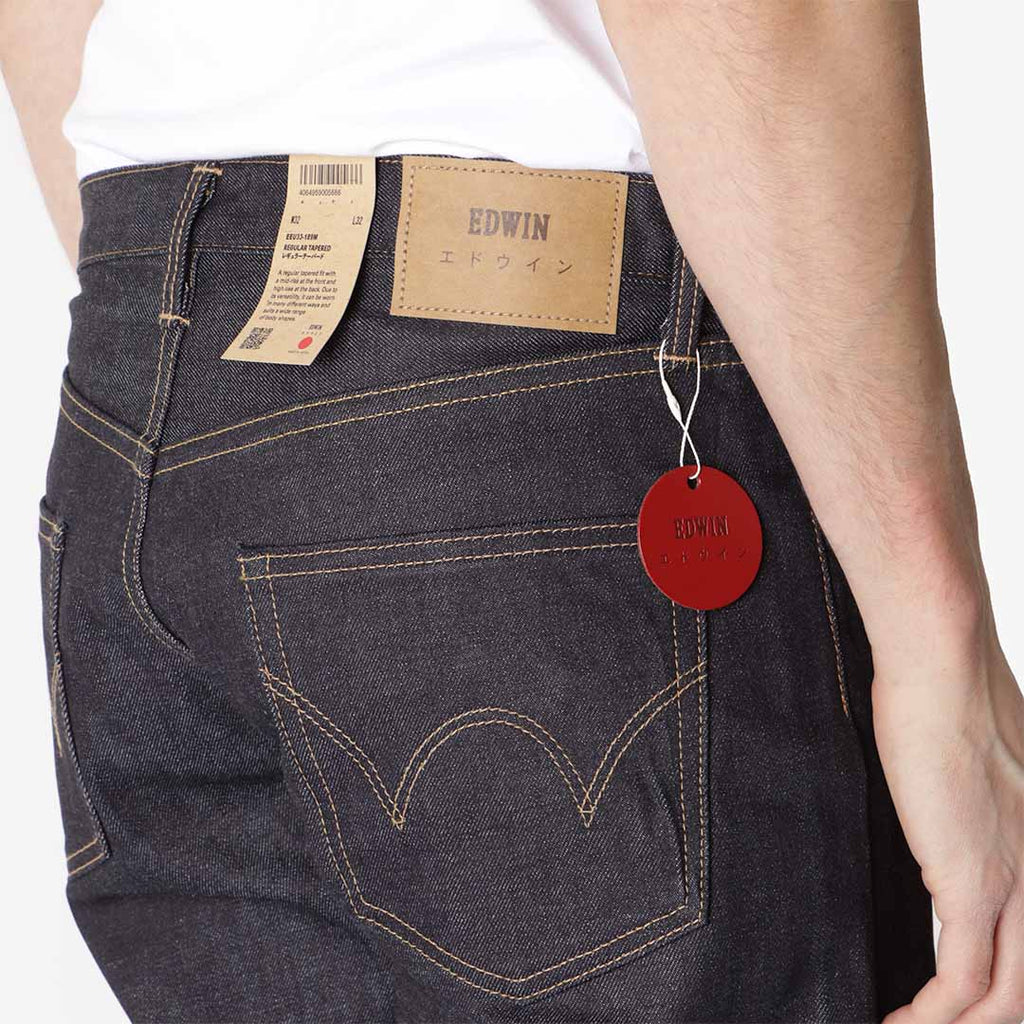 Edwin Regular Tapered Kaihara Dark Pure Indigo Rainbow Selvage 13.5oz Denim Jeans, Blue - Unwashed, Detail Shot 4