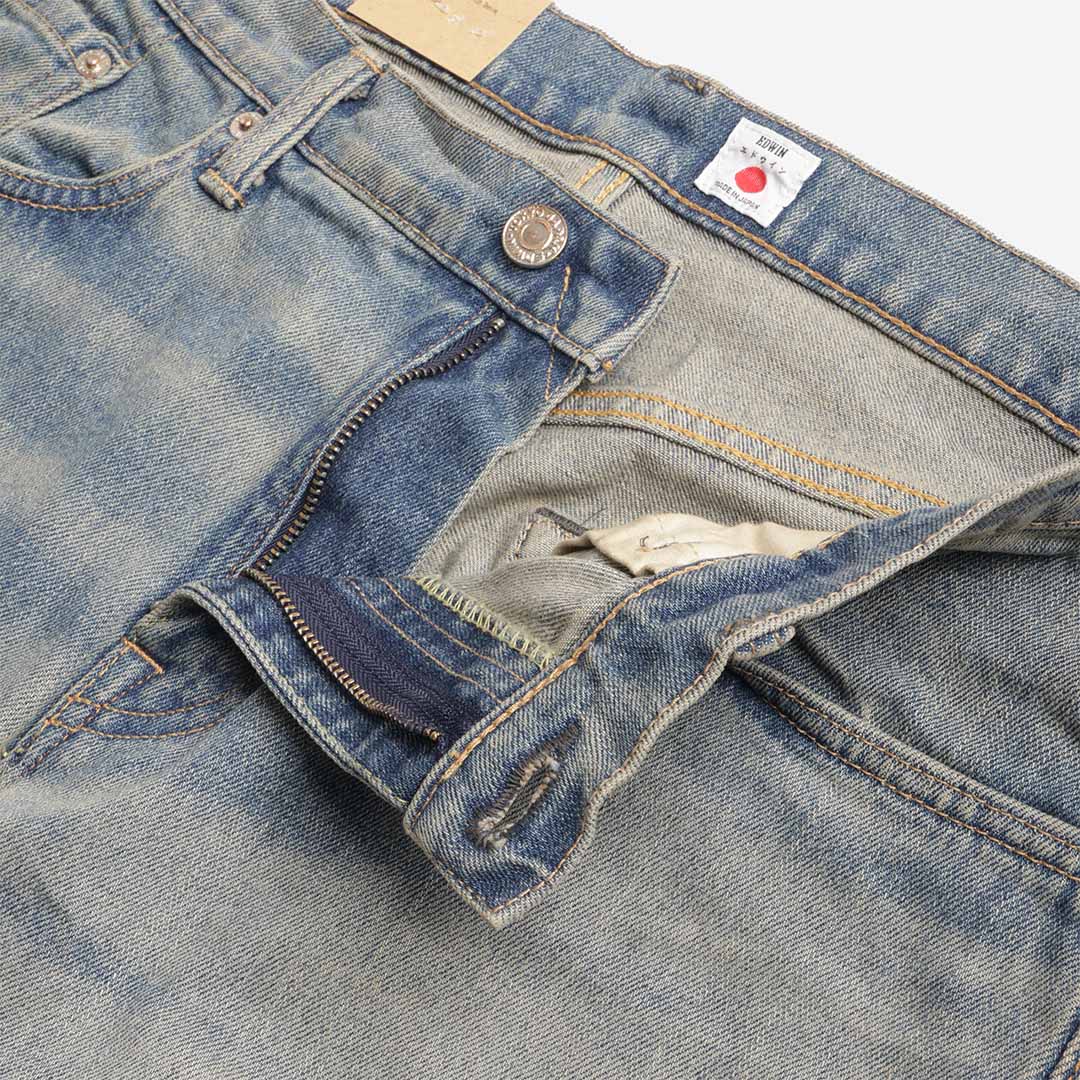 main Edwin Regular Tapered Kaihara Pure Indigo Stretch Denim 13oz Jeans, Blue - Light Used, Detail Shot 3