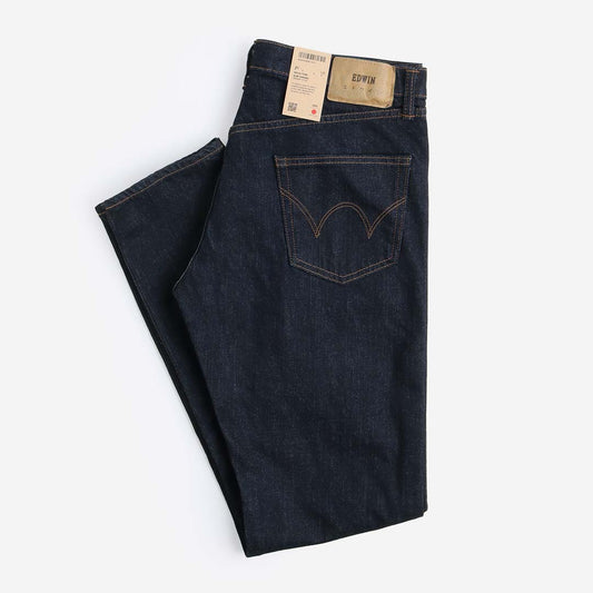 Edwin Slim Tapered Kaihara Pure Indigo Stretch 13oz Denim Jeans, Blue - Rinsed, Detail Shot 1