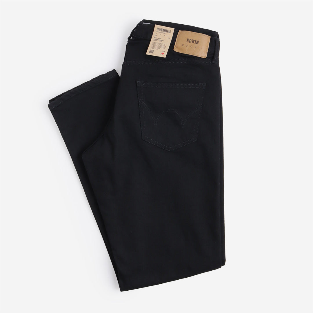 Edwin Regular Tapered Kaihara Black x Black Stretch 12.5oz Denim Jeans, Black - Rinsed, Detail Shot 1