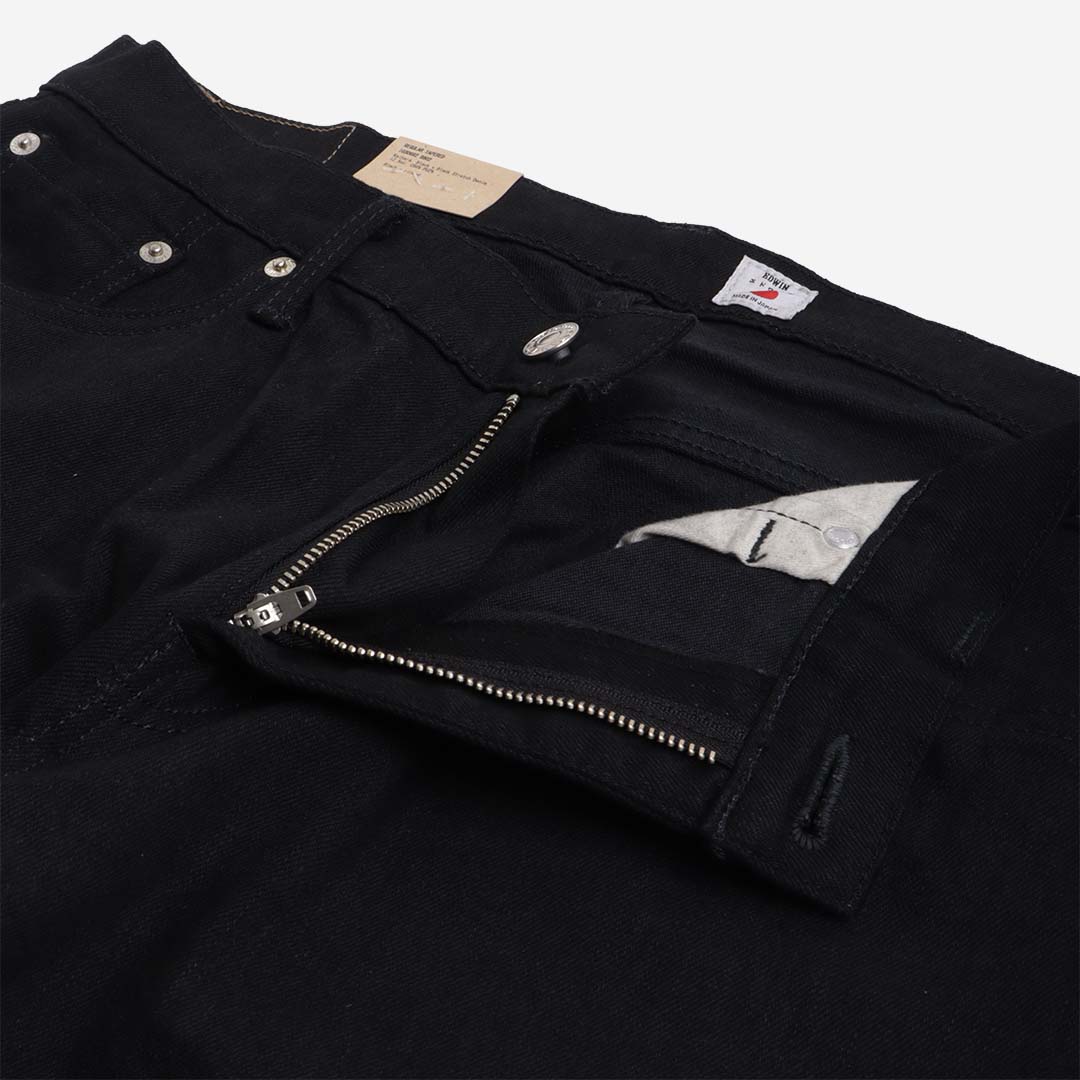 Edwin Regular Tapered Kaihara Black x Black Stretch 12.5oz Denim Jeans, Black - Rinsed, Detail Shot 3