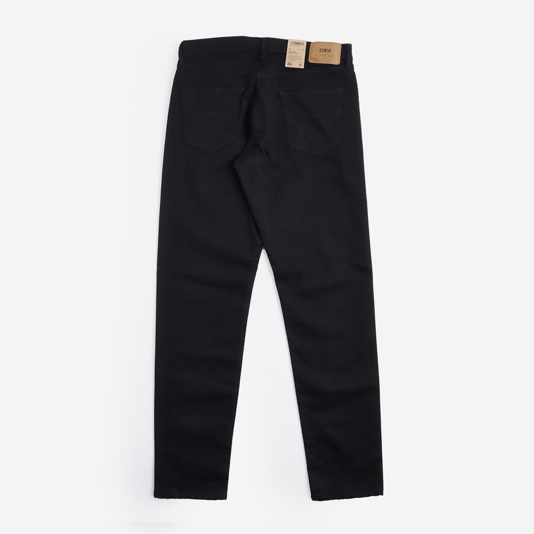 Edwin Regular Tapered Kaihara Black x Black Stretch 12.5oz Denim Jeans, Black - Rinsed, Detail Shot 4