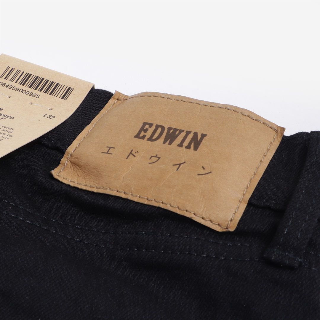 Edwin Regular Tapered Kaihara Black x Black Stretch 12.5oz Denim Jeans, Black - Rinsed, Detail Shot 5