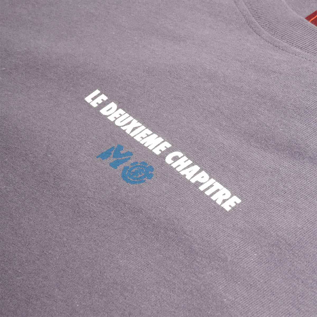 Le Deuxieme Chapitre chest print with blue logo, charcoal tee