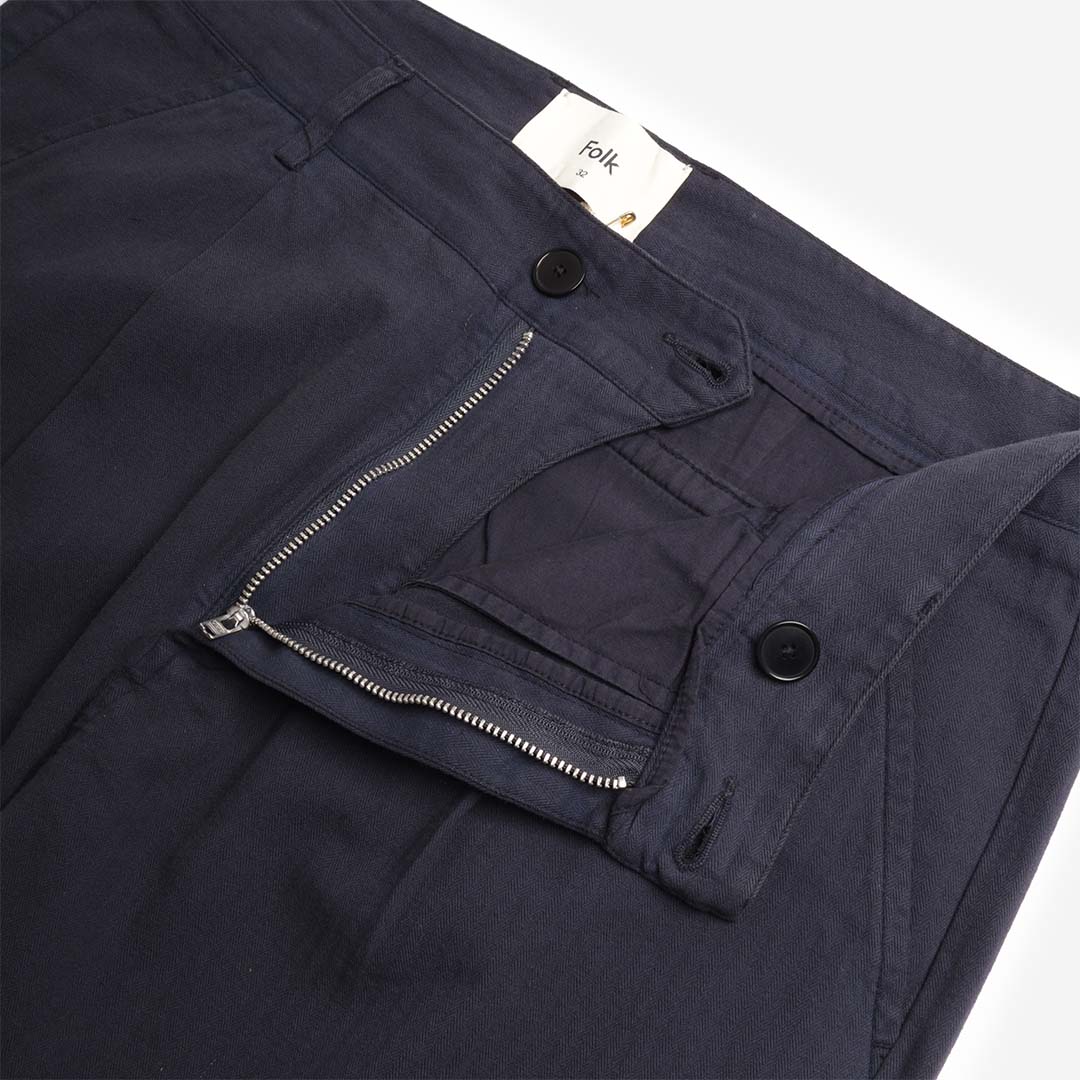 Folk Assembly Suit Trousers, Navy Herringbone, Detail Shot 2