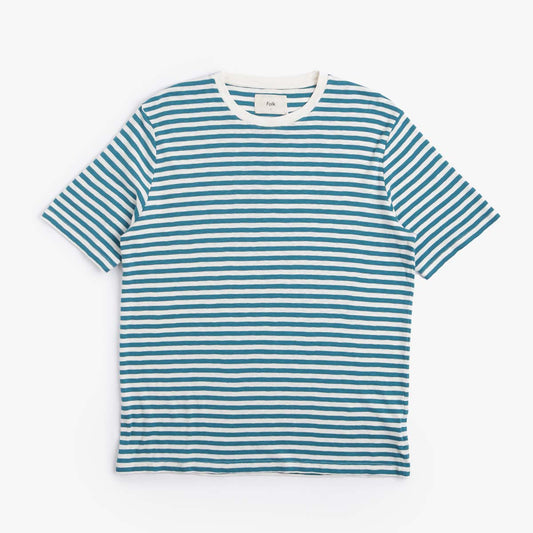 Folk Classic Stripe T-Shirt, Ocean Blue Ecru, Detail Shot 1