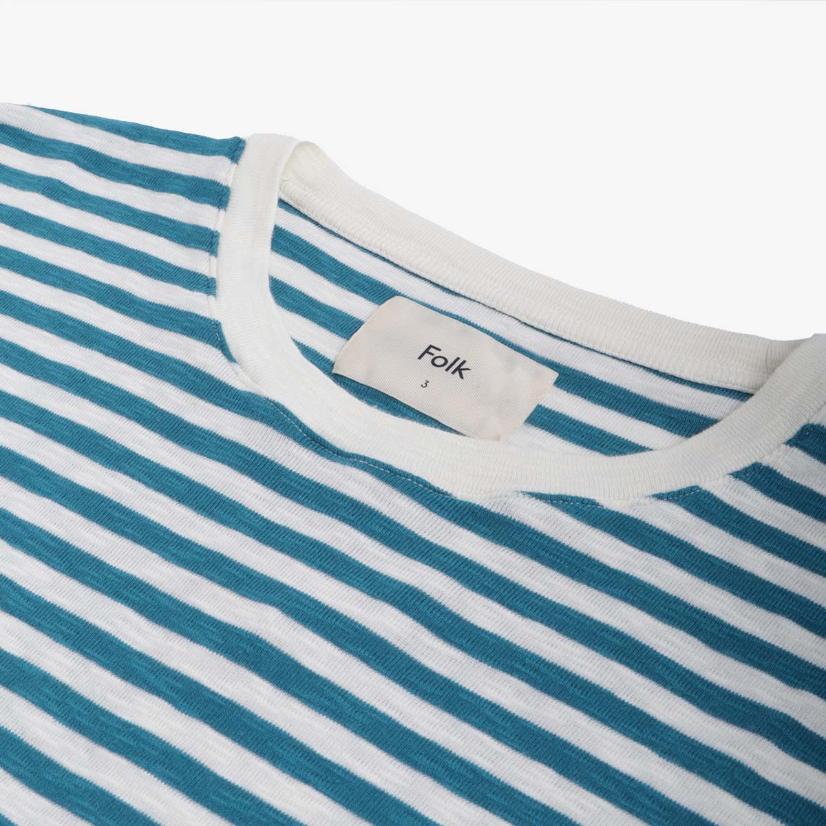 Folk Classic Stripe T-Shirt, Ocean Blue Ecru, Detail Shot 2