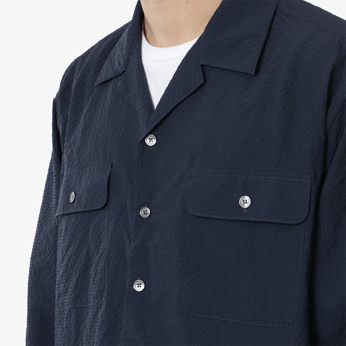 FrizmWORKS Open Collar Solid Seersucker Shirt, Navy, Detail Shot 2